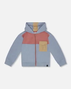 French Terry Full Zip Hoodie Sweatshirt Pale Blue And Dark Old Rose