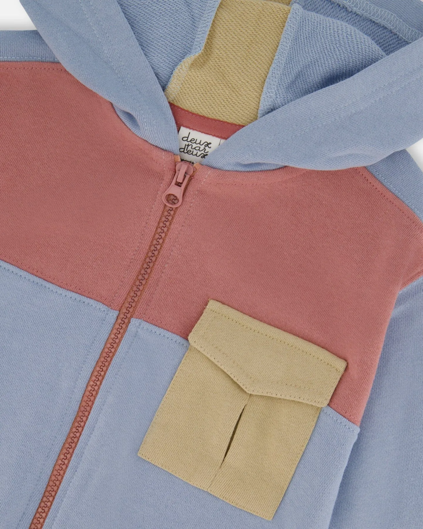 French Terry Full Zip Hoodie Sweatshirt Pale Blue And Dark Old Rose