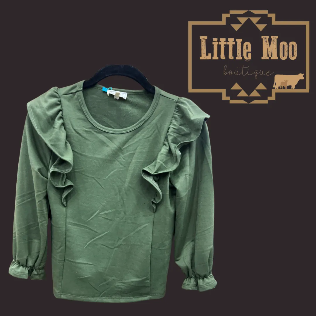 Girls Olive Soft Terry Ruffle Top
