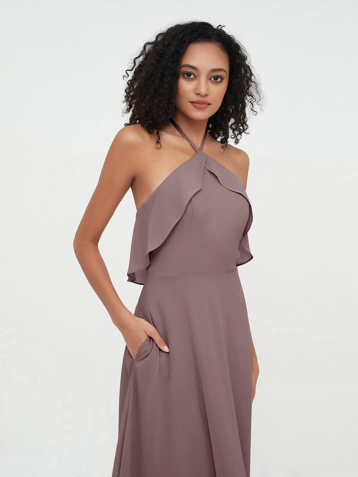 Halter Strap Chiffon Long Bridesmaid Dresses Vintage Mauve Plus Size