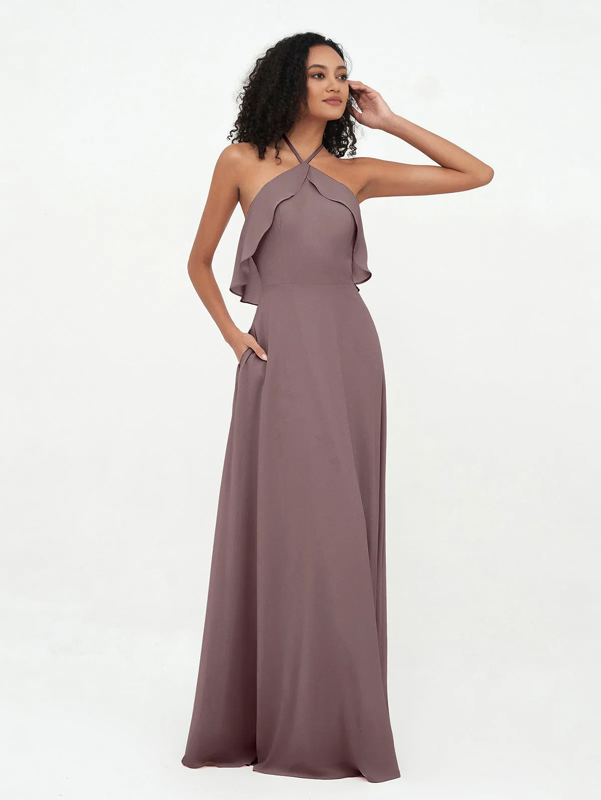 Halter Strap Chiffon Long Bridesmaid Dresses Vintage Mauve Plus Size