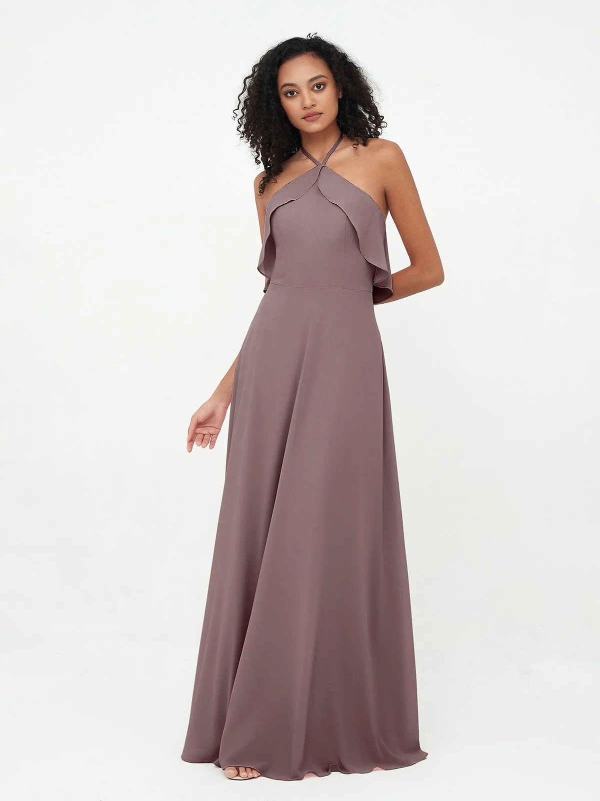 Halter Strap Chiffon Long Bridesmaid Dresses Vintage Mauve Plus Size