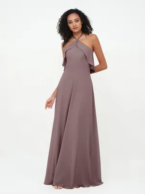 Halter Strap Chiffon Long Bridesmaid Dresses Vintage Mauve Plus Size