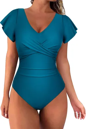 Hilor Women's Underwire One Piece Swimsuits Short Sleeve Tummy Control Bathing Suits V Neck Ruffle Swimwear