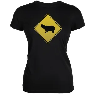 Hippo Crossing Sign Black Juniors Soft T-Shirt