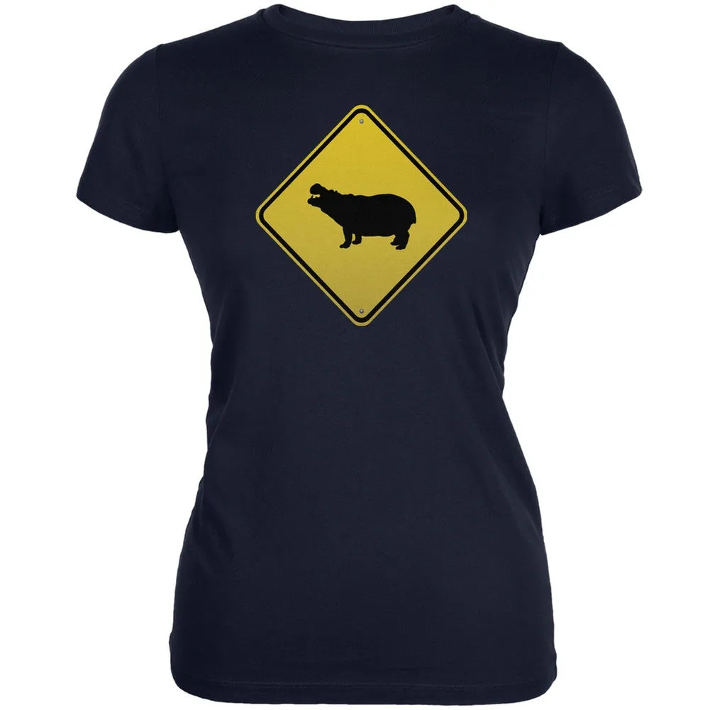 Hippo Crossing Sign Black Juniors Soft T-Shirt