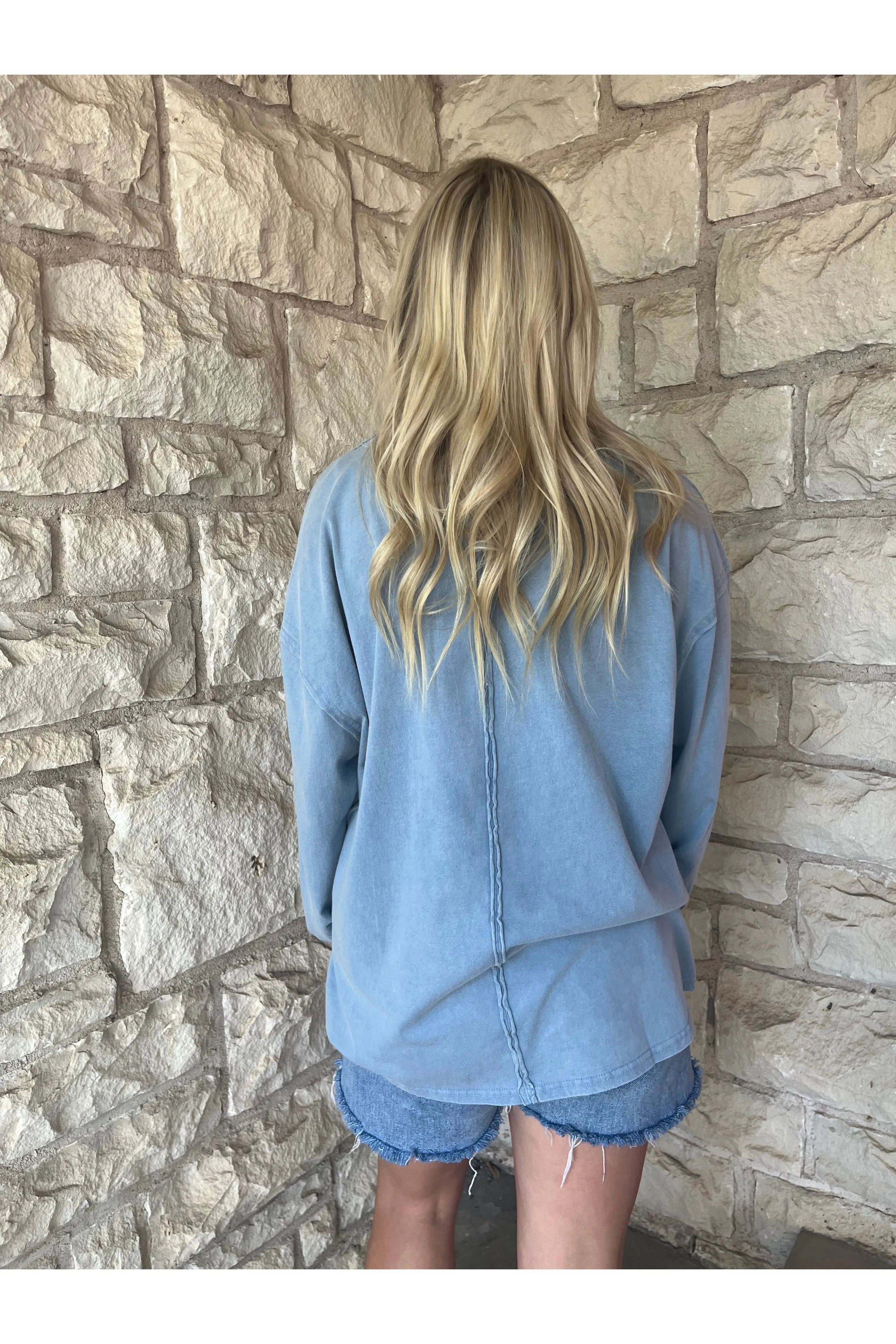 Hyfve Double Zero Oversized Washed Long Sleeve Pocket Tee In Grey Blue