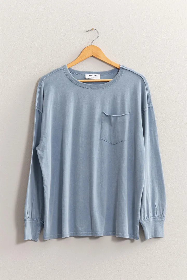 Hyfve Double Zero Oversized Washed Long Sleeve Pocket Tee In Grey Blue