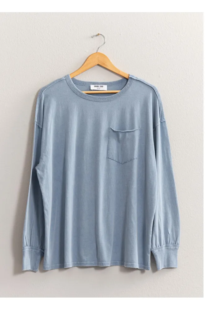 Hyfve Double Zero Oversized Washed Long Sleeve Pocket Tee In Grey Blue