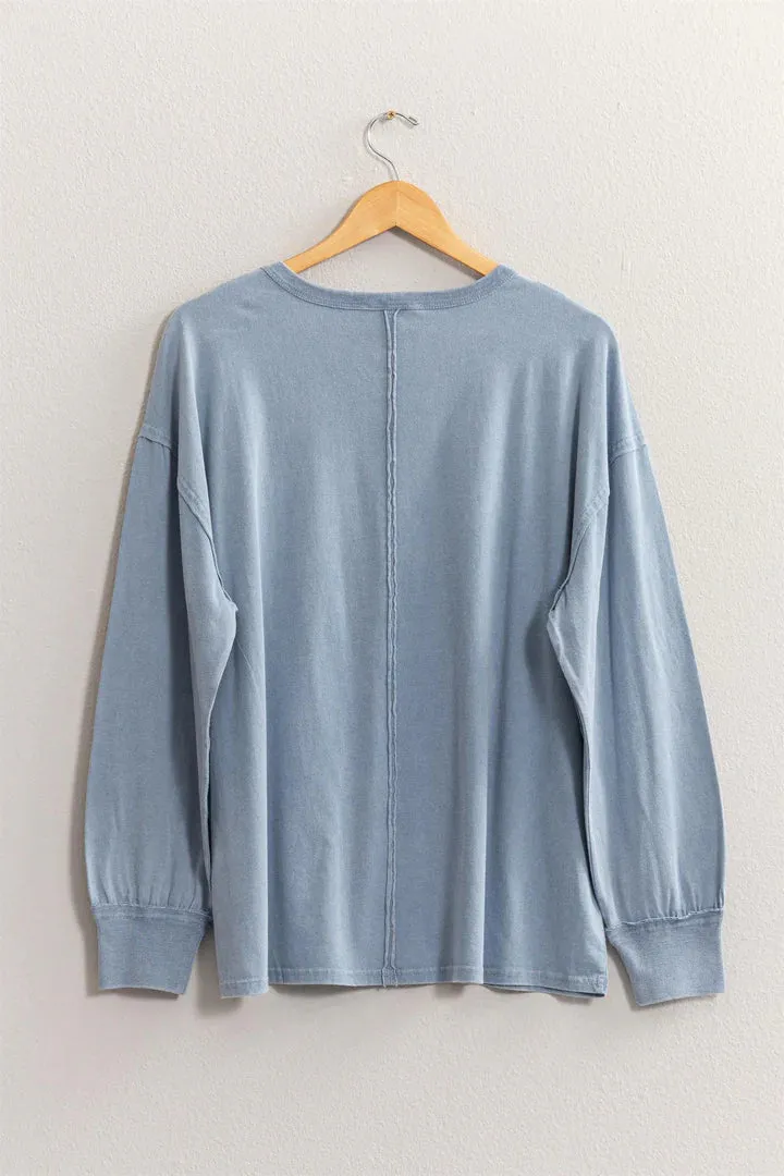 Hyfve Double Zero Oversized Washed Long Sleeve Pocket Tee In Grey Blue