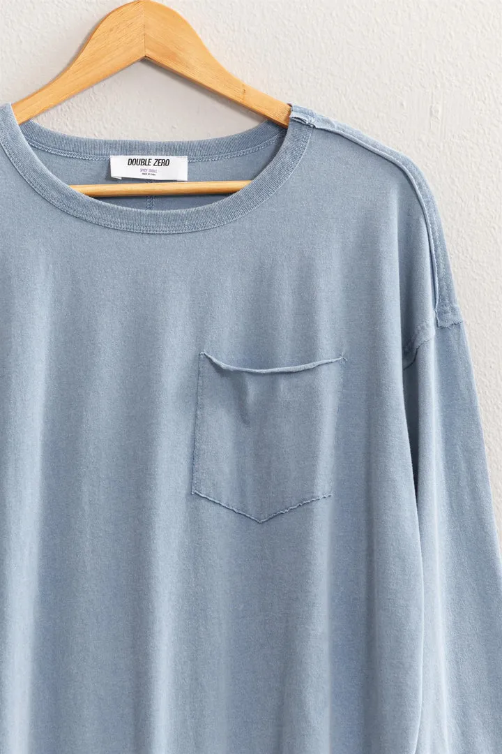 Hyfve Double Zero Oversized Washed Long Sleeve Pocket Tee In Grey Blue