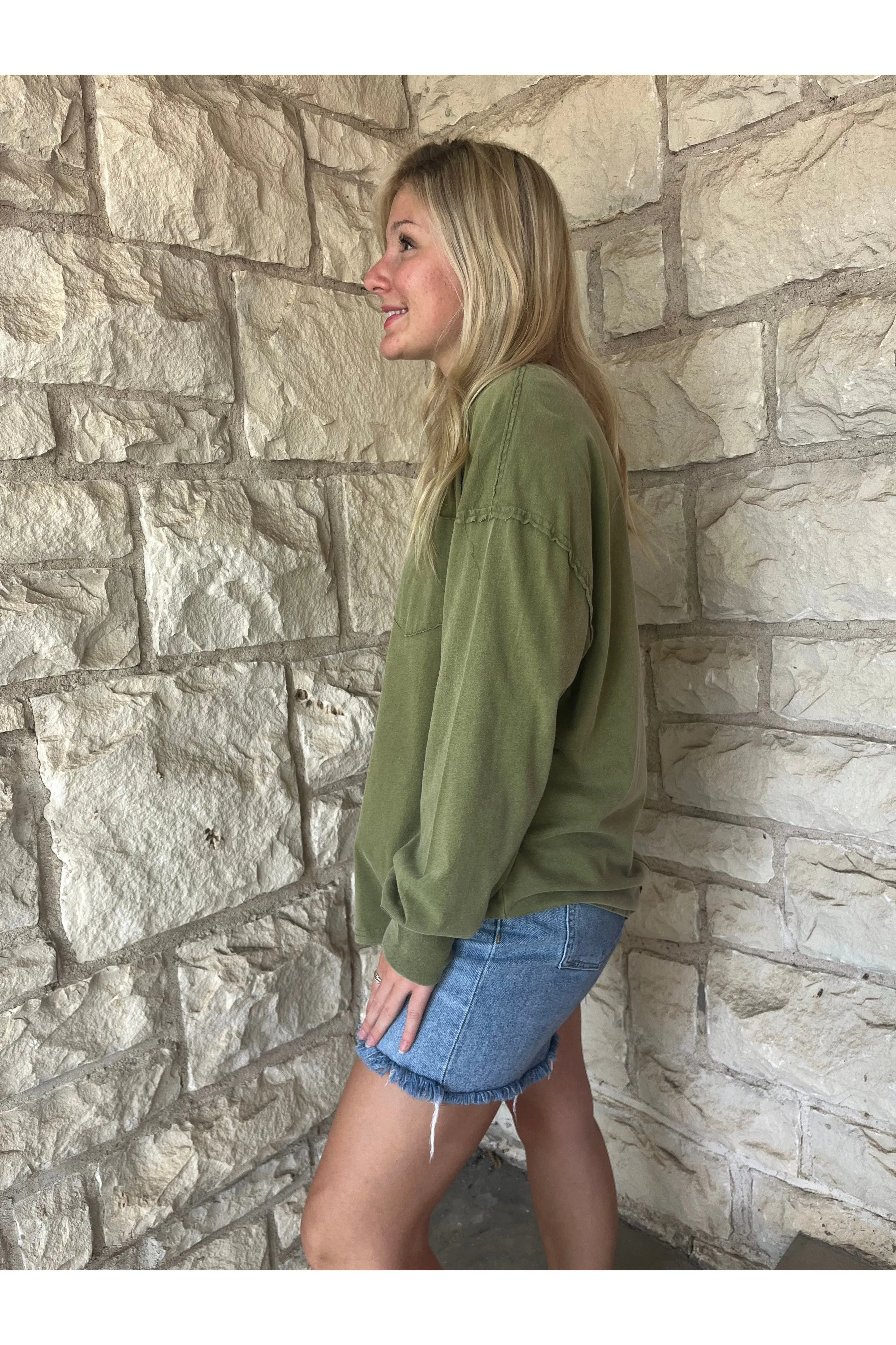 Hyfve Double Zero Oversized Washed Long Sleeve Pocket Tee In Moss