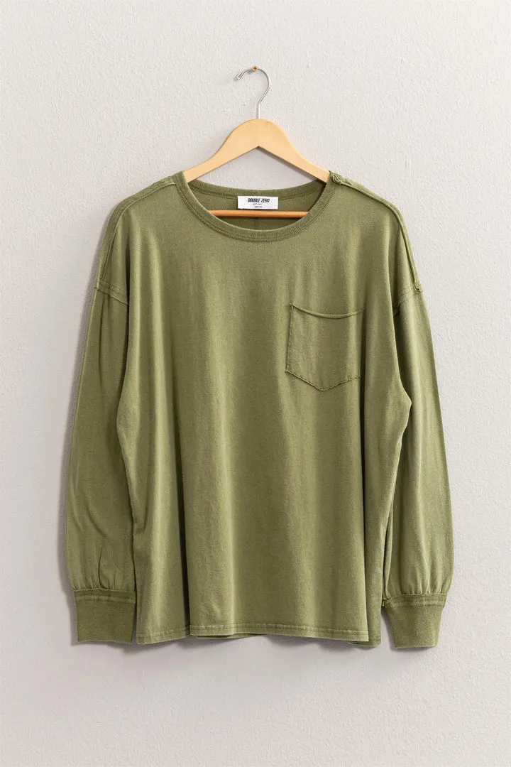 Hyfve Double Zero Oversized Washed Long Sleeve Pocket Tee In Moss