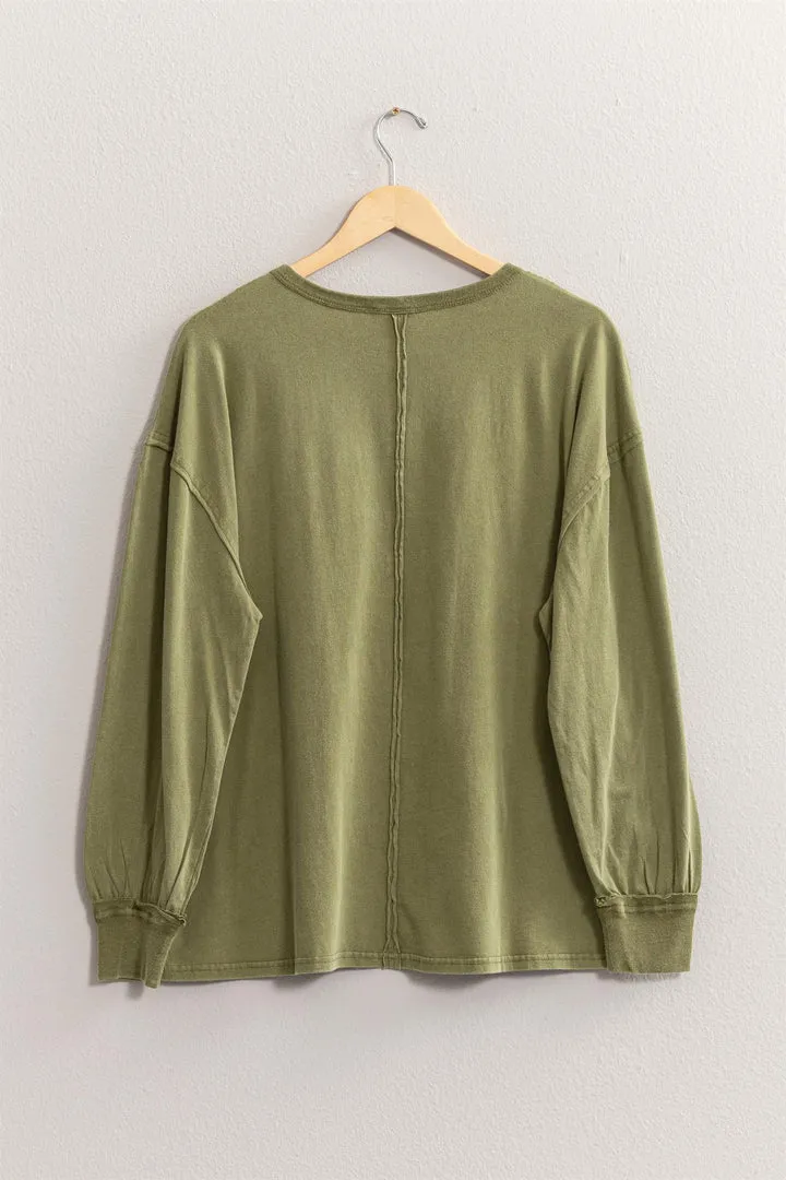 Hyfve Double Zero Oversized Washed Long Sleeve Pocket Tee In Moss