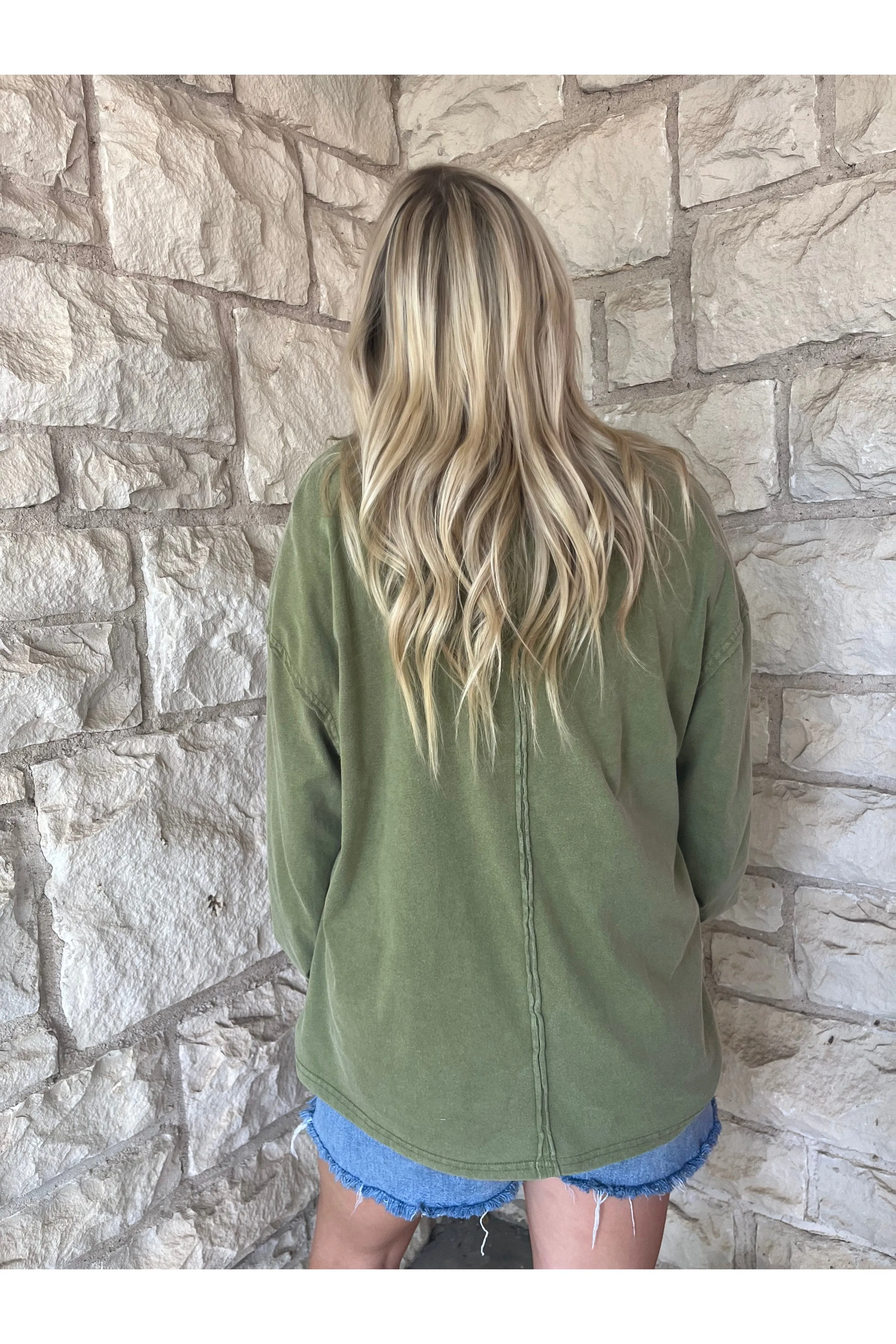 Hyfve Double Zero Oversized Washed Long Sleeve Pocket Tee In Moss