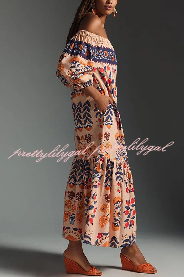 Island Lover Printed Off The Shoulder Pocketed Flowy Midi Dress