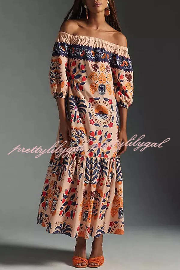Island Lover Printed Off The Shoulder Pocketed Flowy Midi Dress