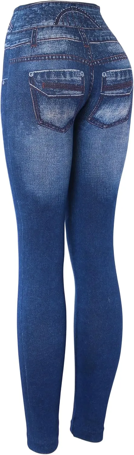 KMystic Women's High Waist Denim Print Jean Look Leggings