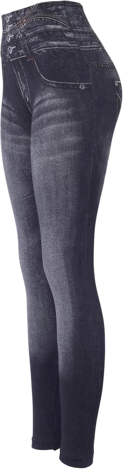 KMystic Women's High Waist Denim Print Jean Look Leggings