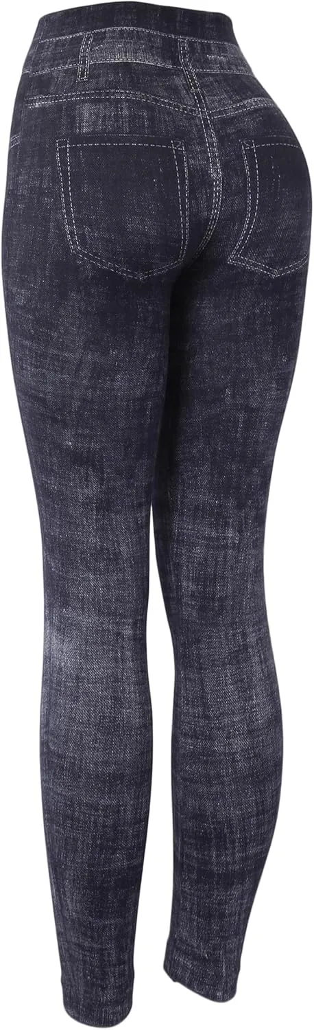 KMystic Women's High Waist Denim Print Jean Look Leggings