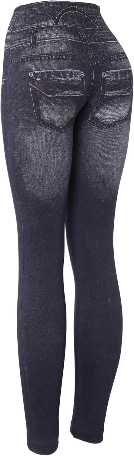 KMystic Women's High Waist Denim Print Jean Look Leggings