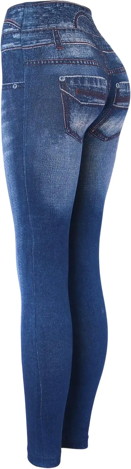 KMystic Women's High Waist Denim Print Jean Look Leggings