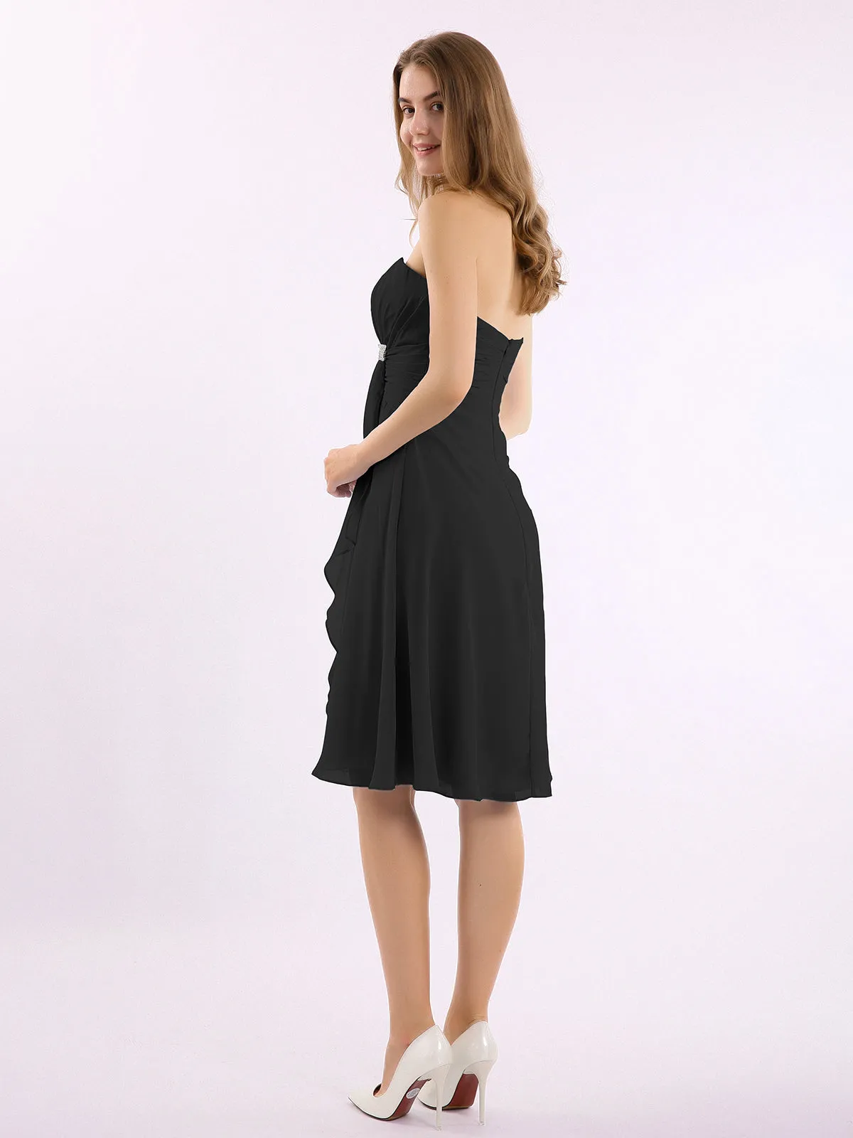 Knee Length Chiffon Dress with Sweetheart Neck-Black