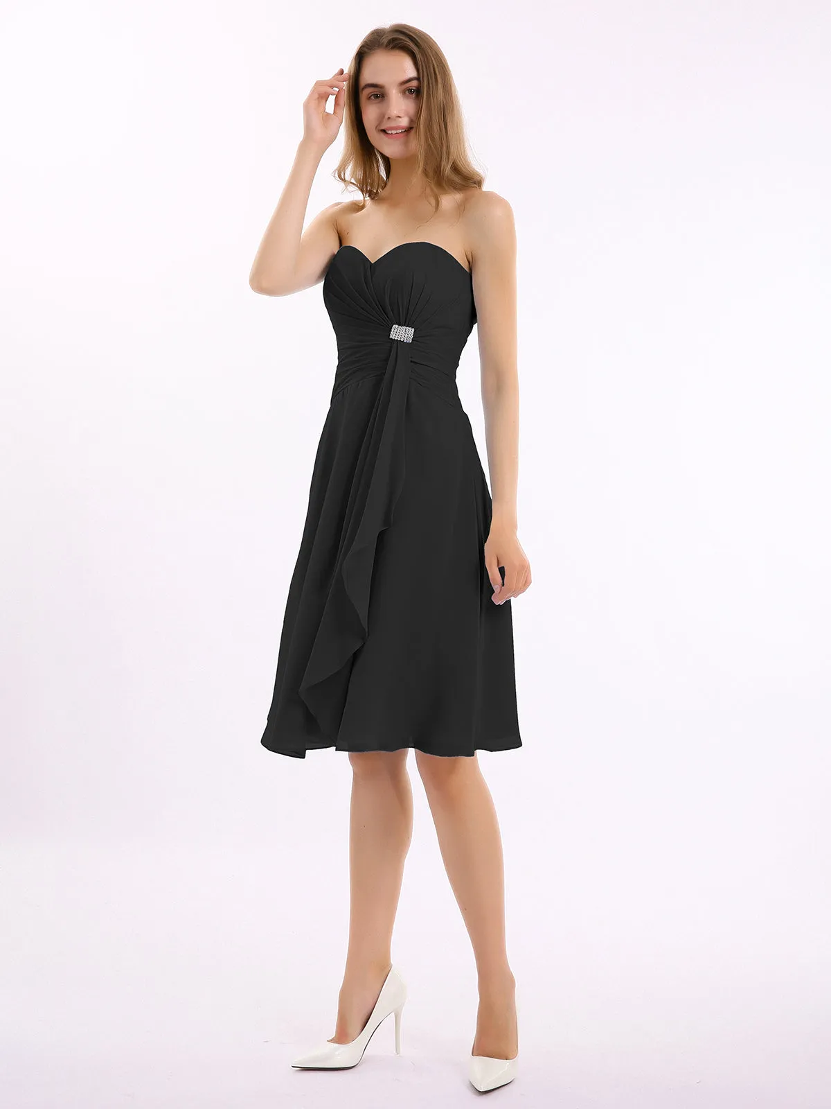 Knee Length Chiffon Dress with Sweetheart Neck-Black