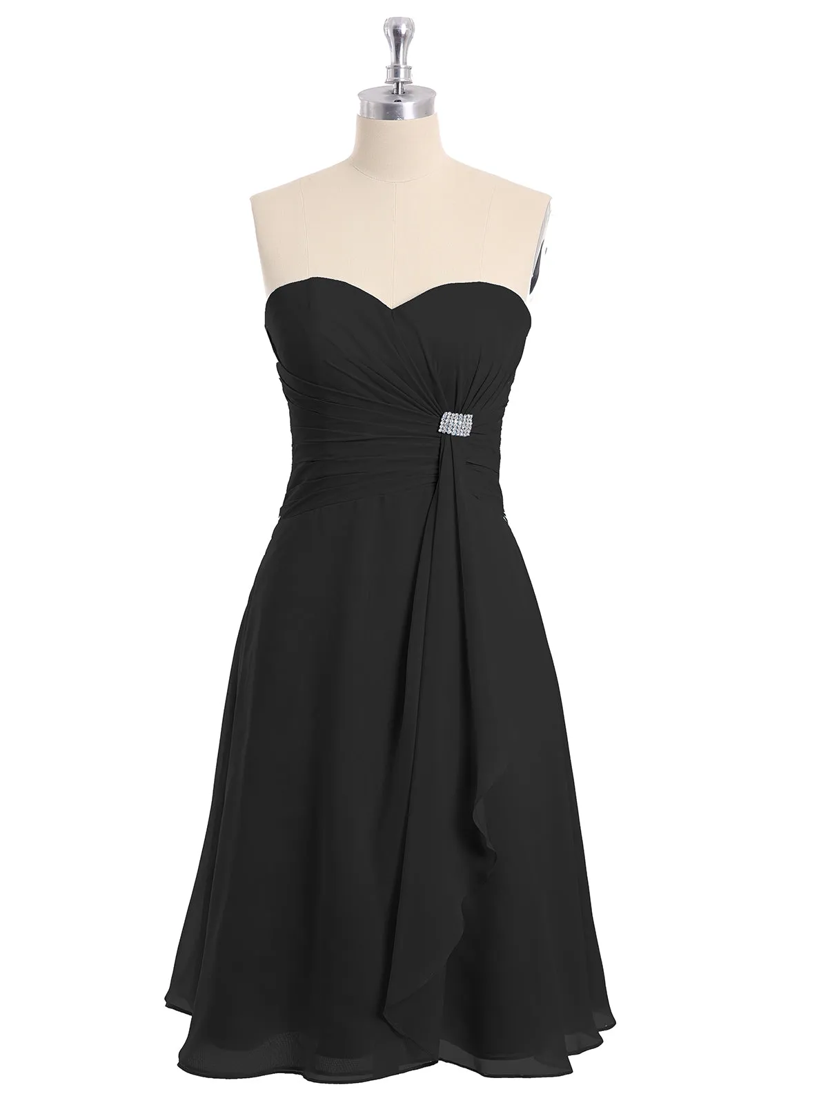 Knee Length Chiffon Dress with Sweetheart Neck-Black