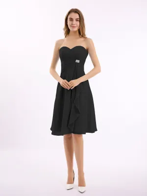 Knee Length Chiffon Dress with Sweetheart Neck-Black