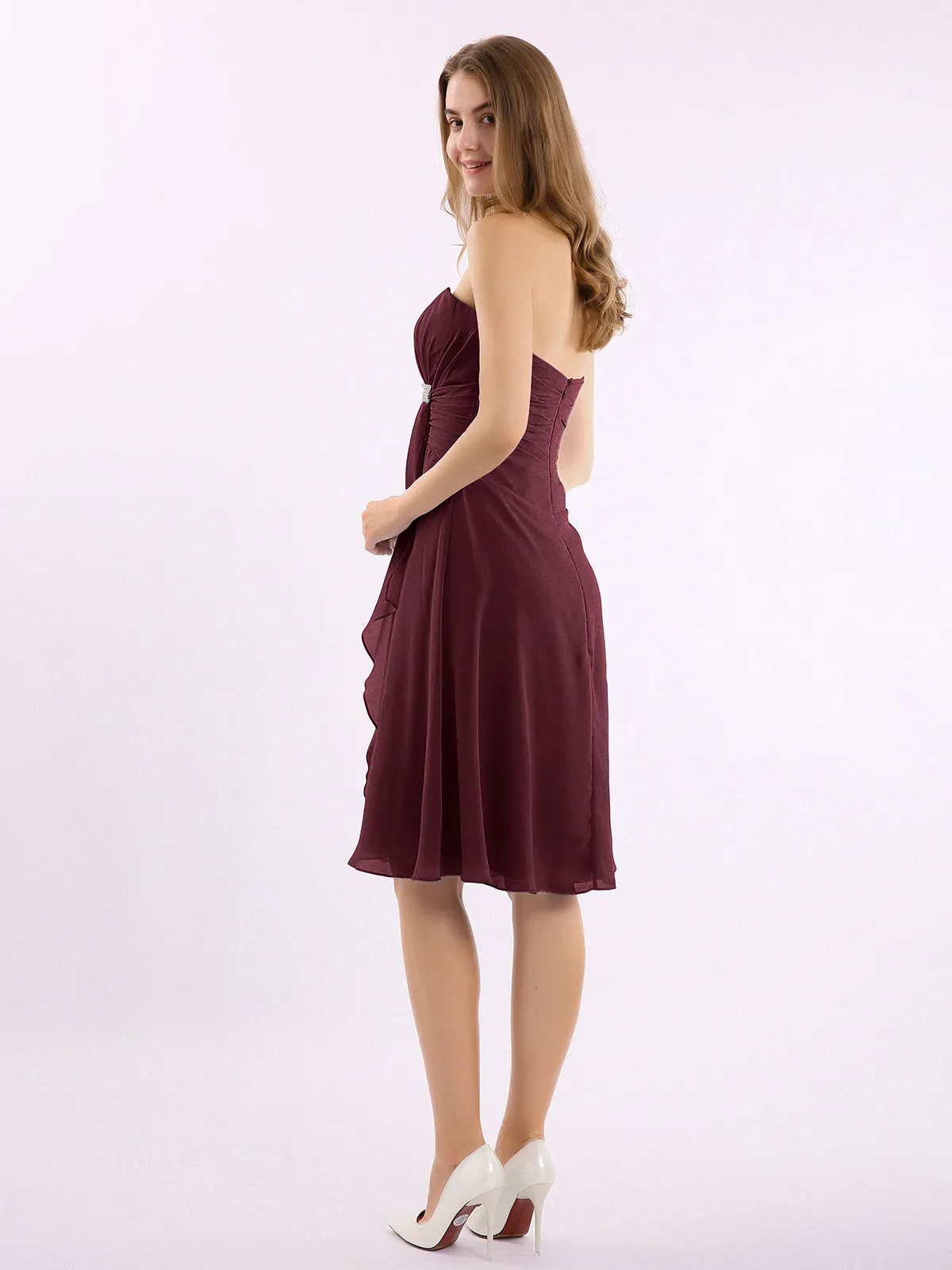 Knee Length Chiffon Dress with Sweetheart Neck-Cabernet