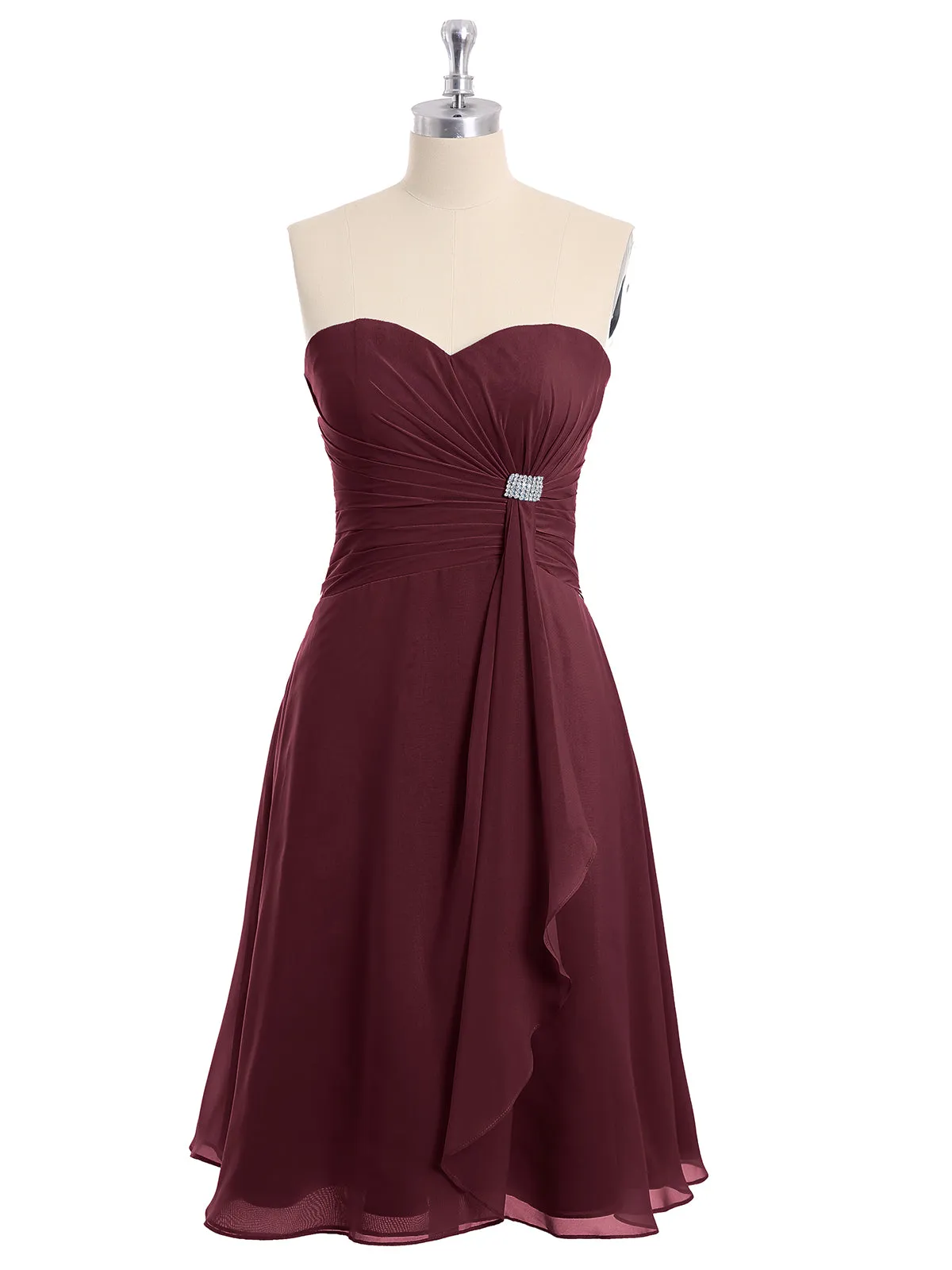 Knee Length Chiffon Dress with Sweetheart Neck-Cabernet