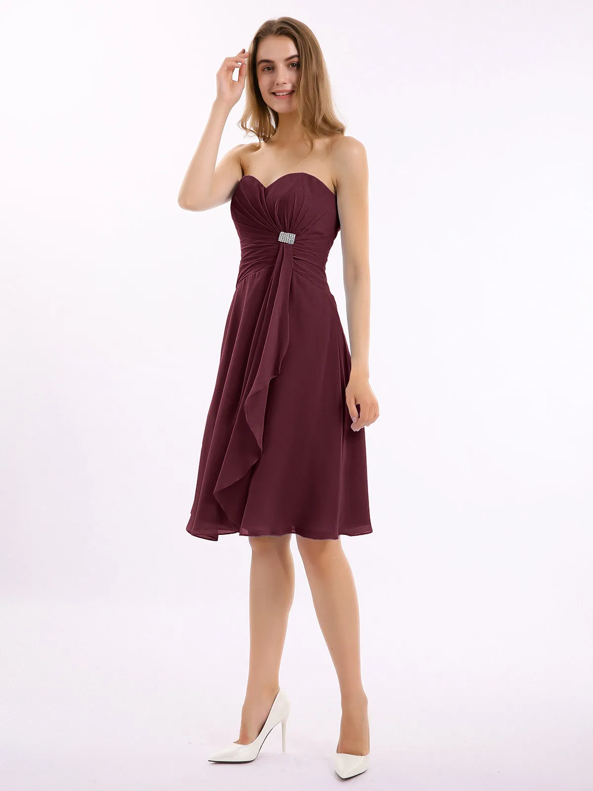 Knee Length Chiffon Dress with Sweetheart Neck-Cabernet