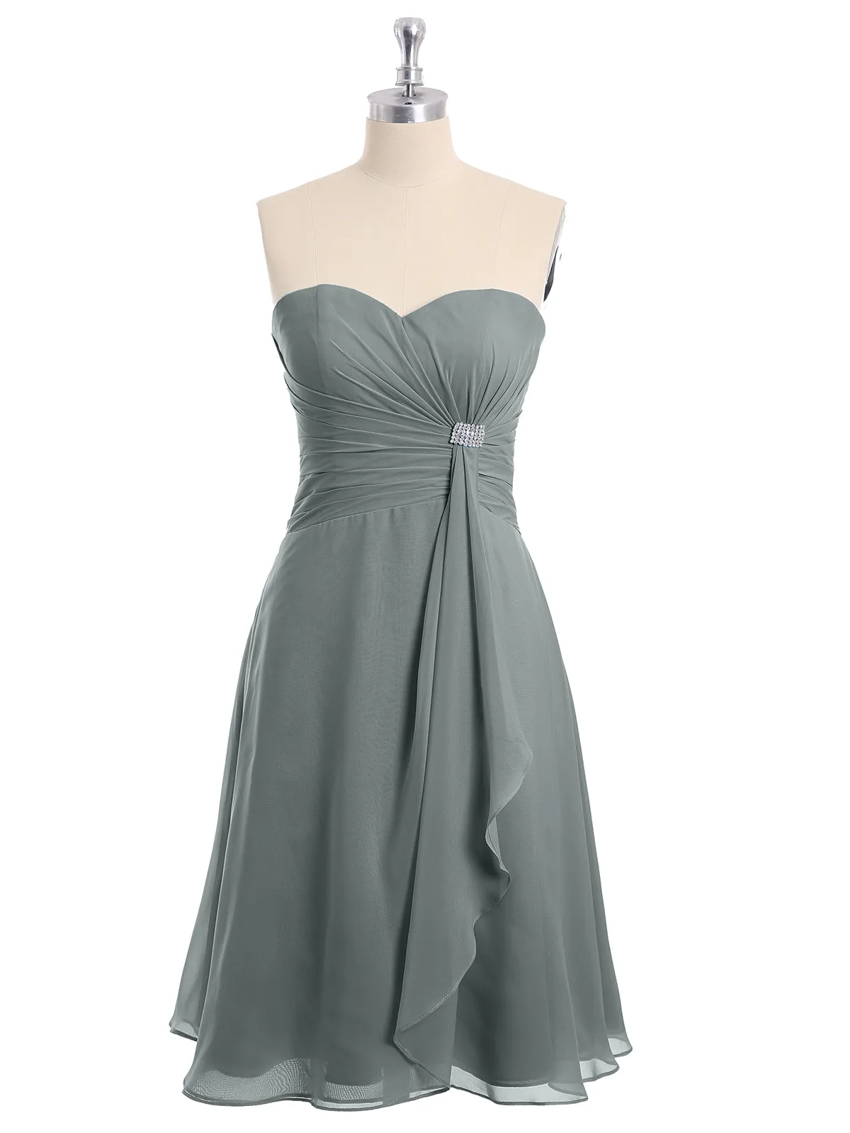 Knee Length Chiffon Dress with Sweetheart Neck-Steel Grey Plus Size