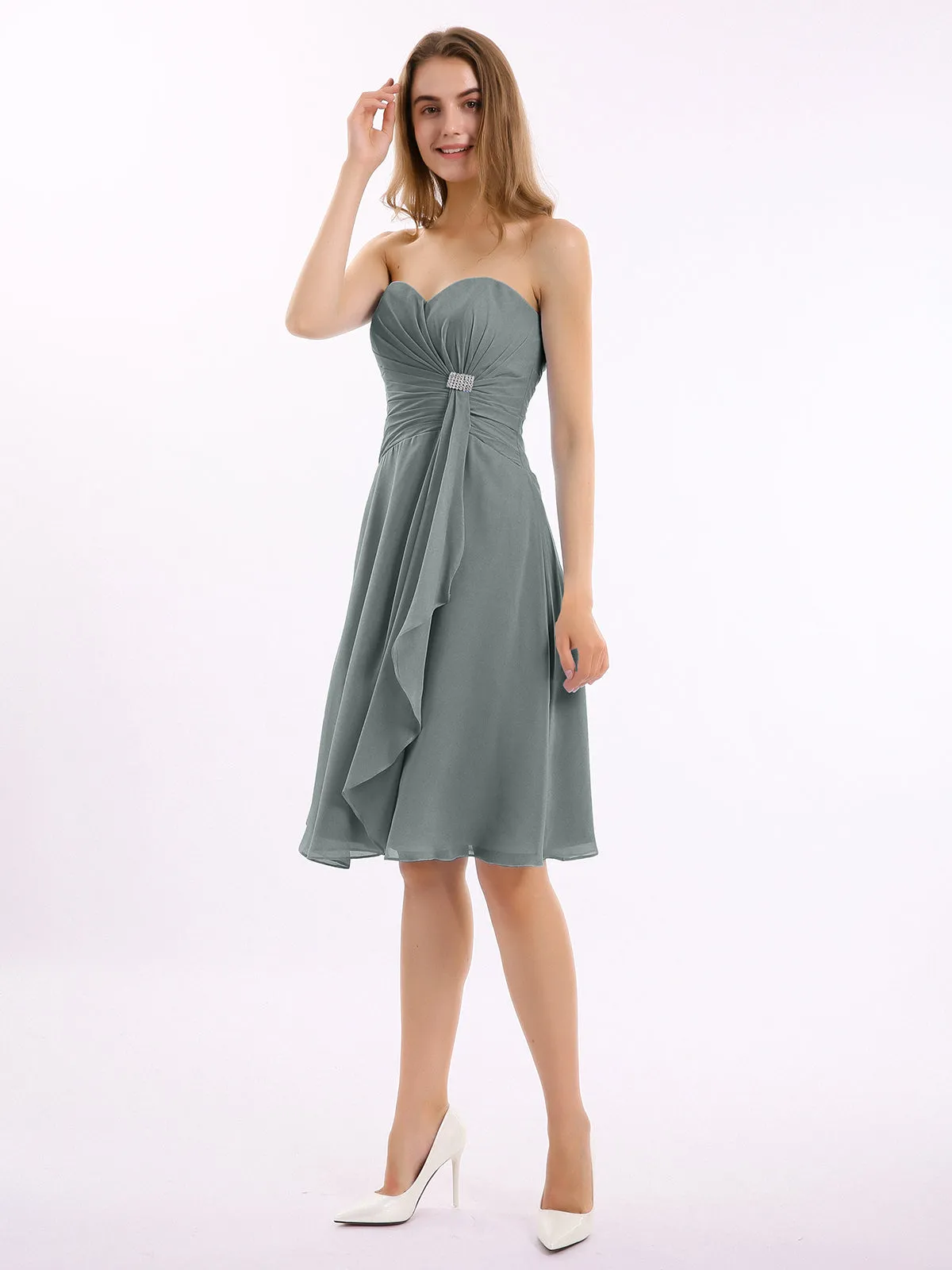 Knee Length Chiffon Dress with Sweetheart Neck-Steel Grey Plus Size