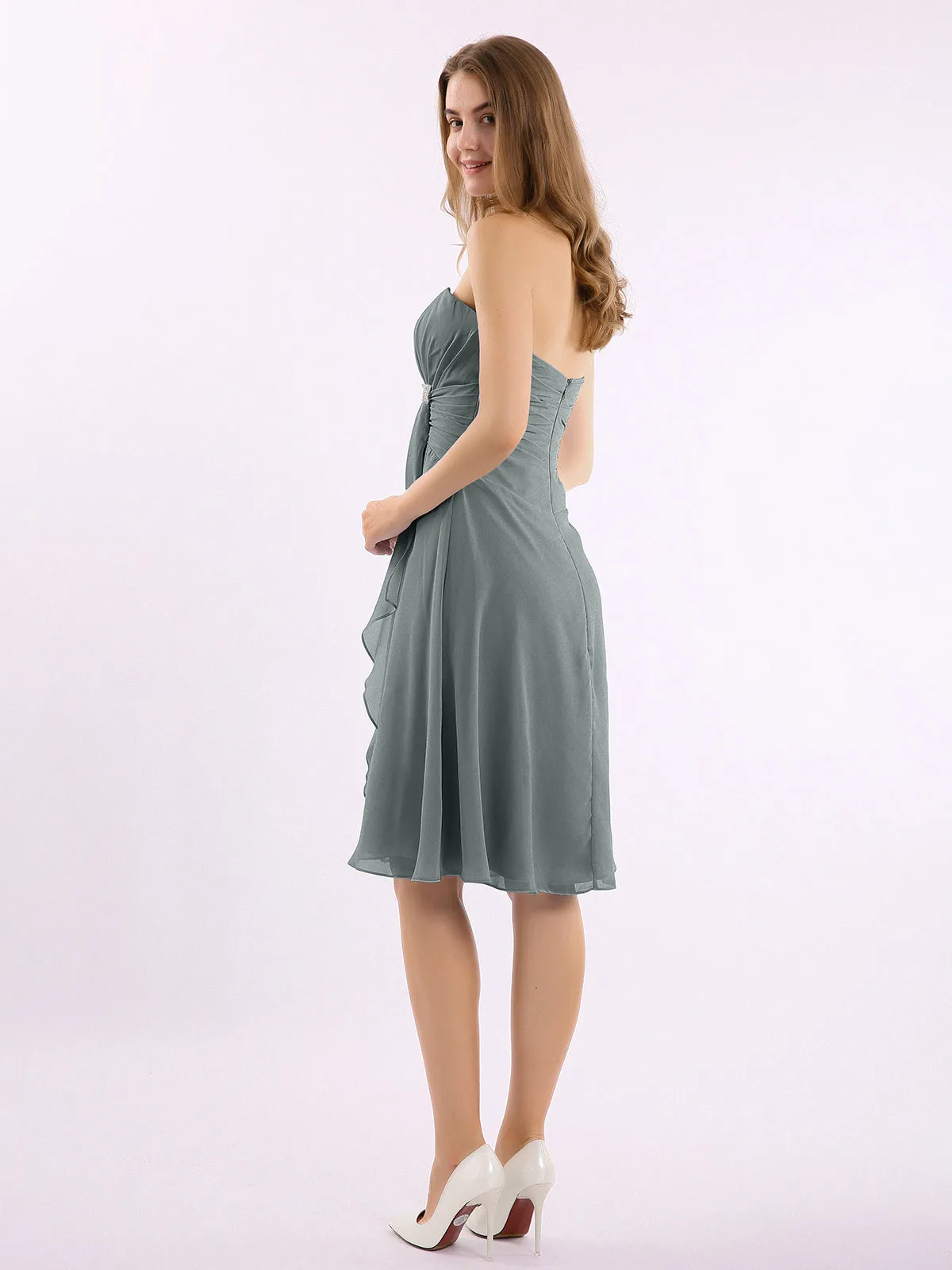Knee Length Chiffon Dress with Sweetheart Neck-Steel Grey Plus Size