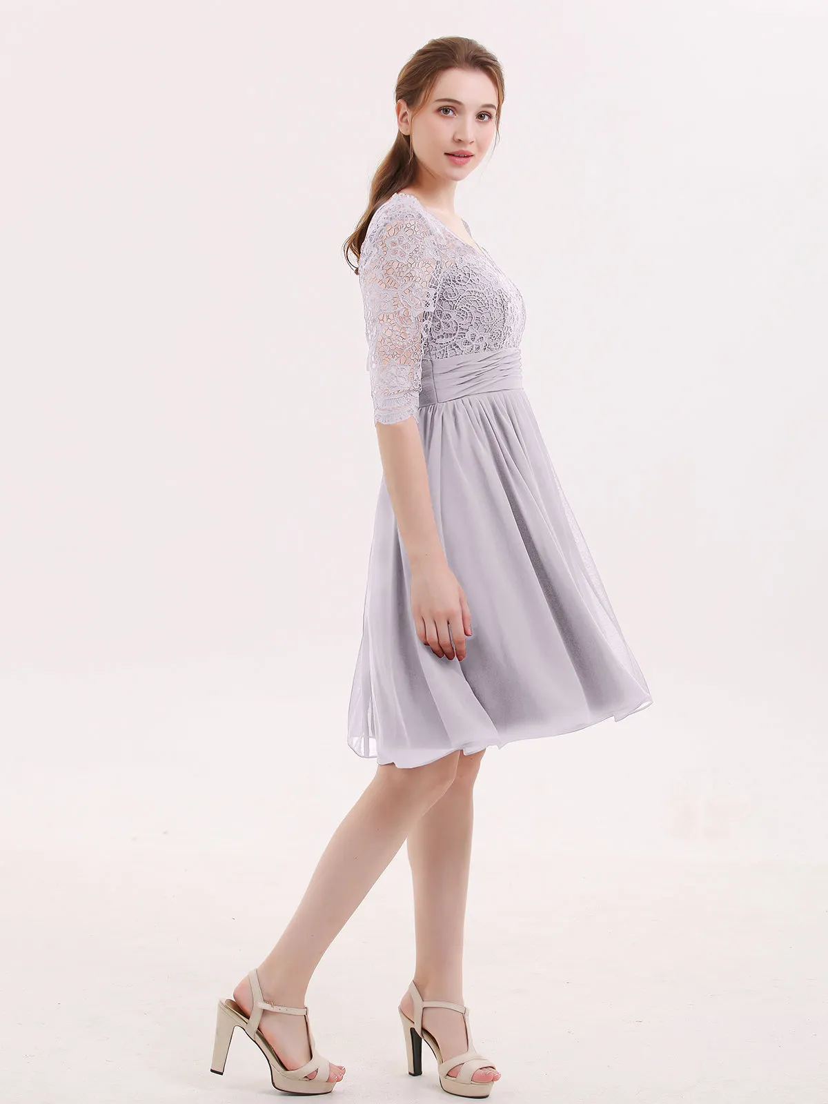 Lace and Chiffon Short Dress with Half Sleeves Dusk