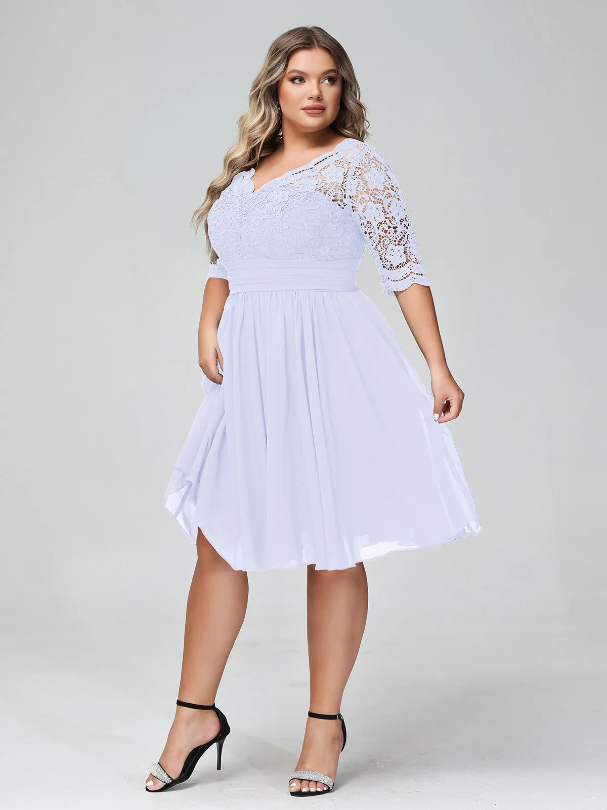 Lace and Chiffon Short Dress with Half Sleeves Lavender