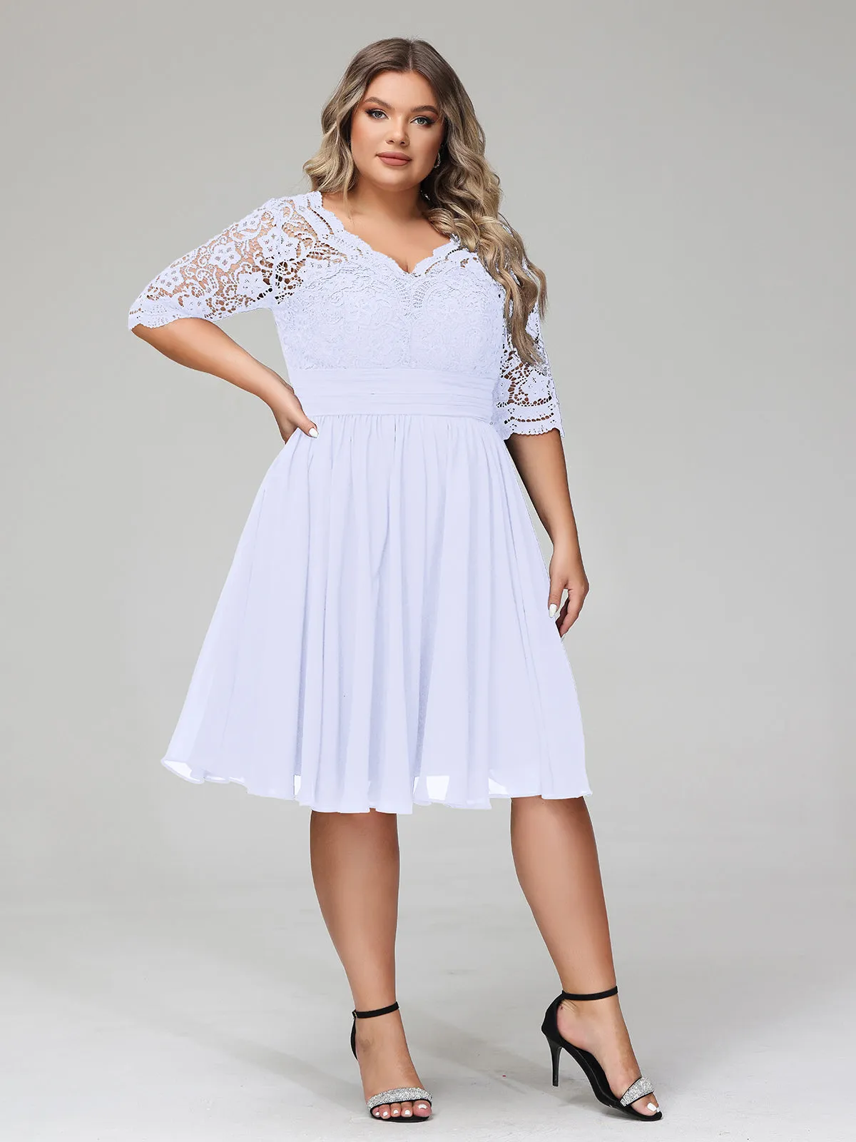 Lace and Chiffon Short Dress with Half Sleeves Lavender