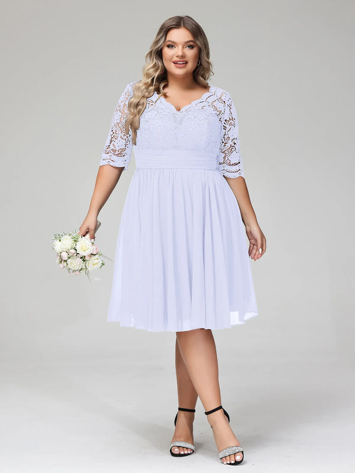 Lace and Chiffon Short Dress with Half Sleeves Lavender