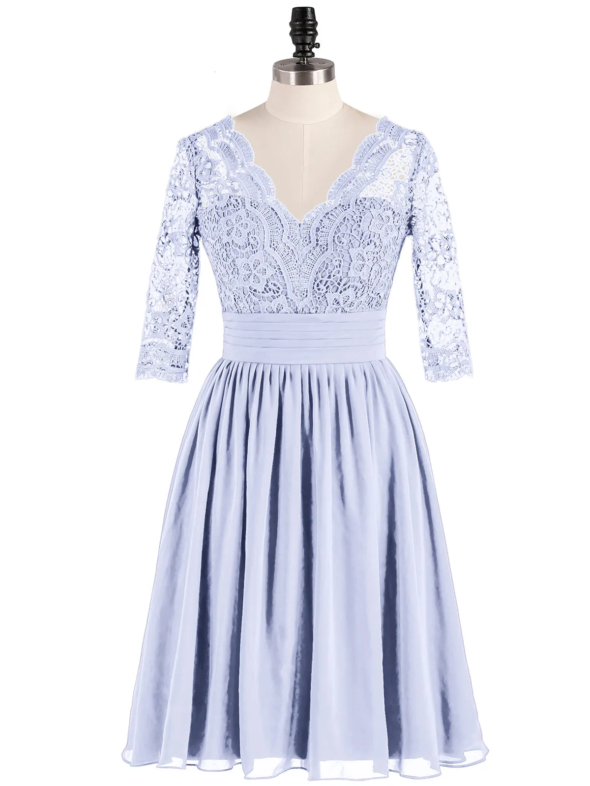 Lace and Chiffon Short Dress with Half Sleeves Lavender