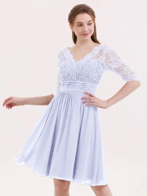 Lace and Chiffon Short Dress with Half Sleeves Lavender