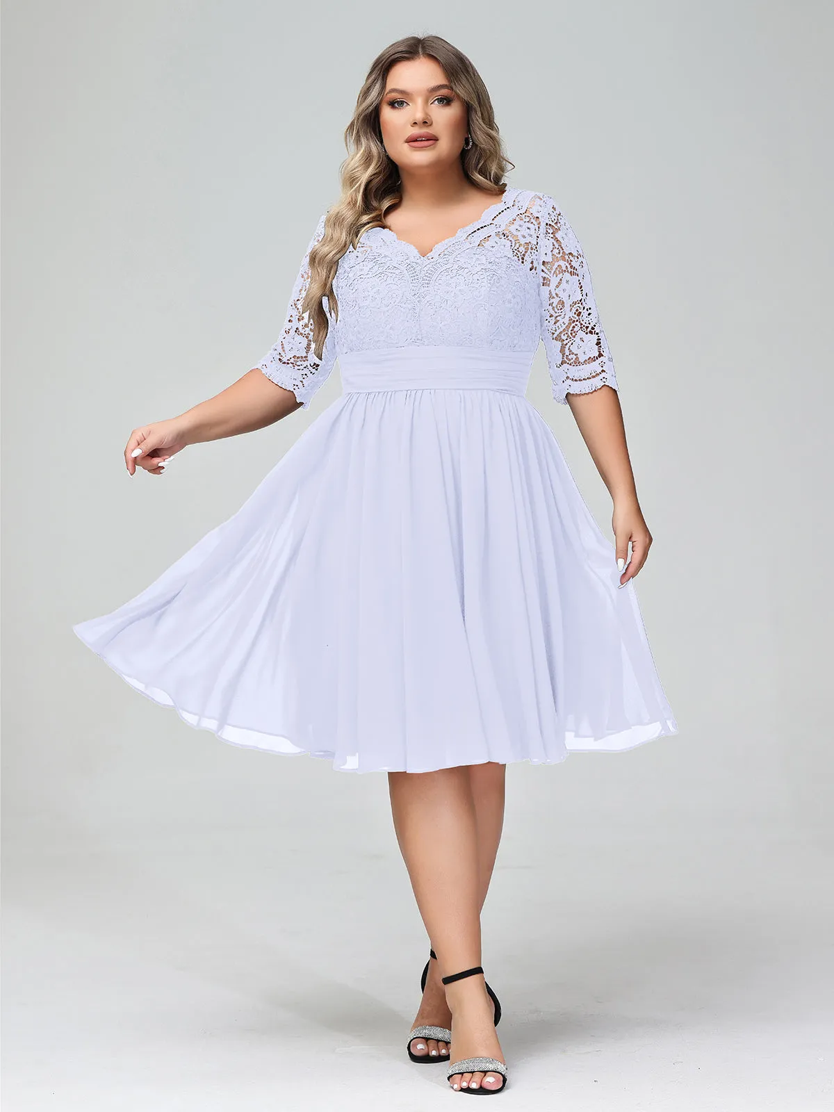 Lace and Chiffon Short Dress with Half Sleeves Lavender