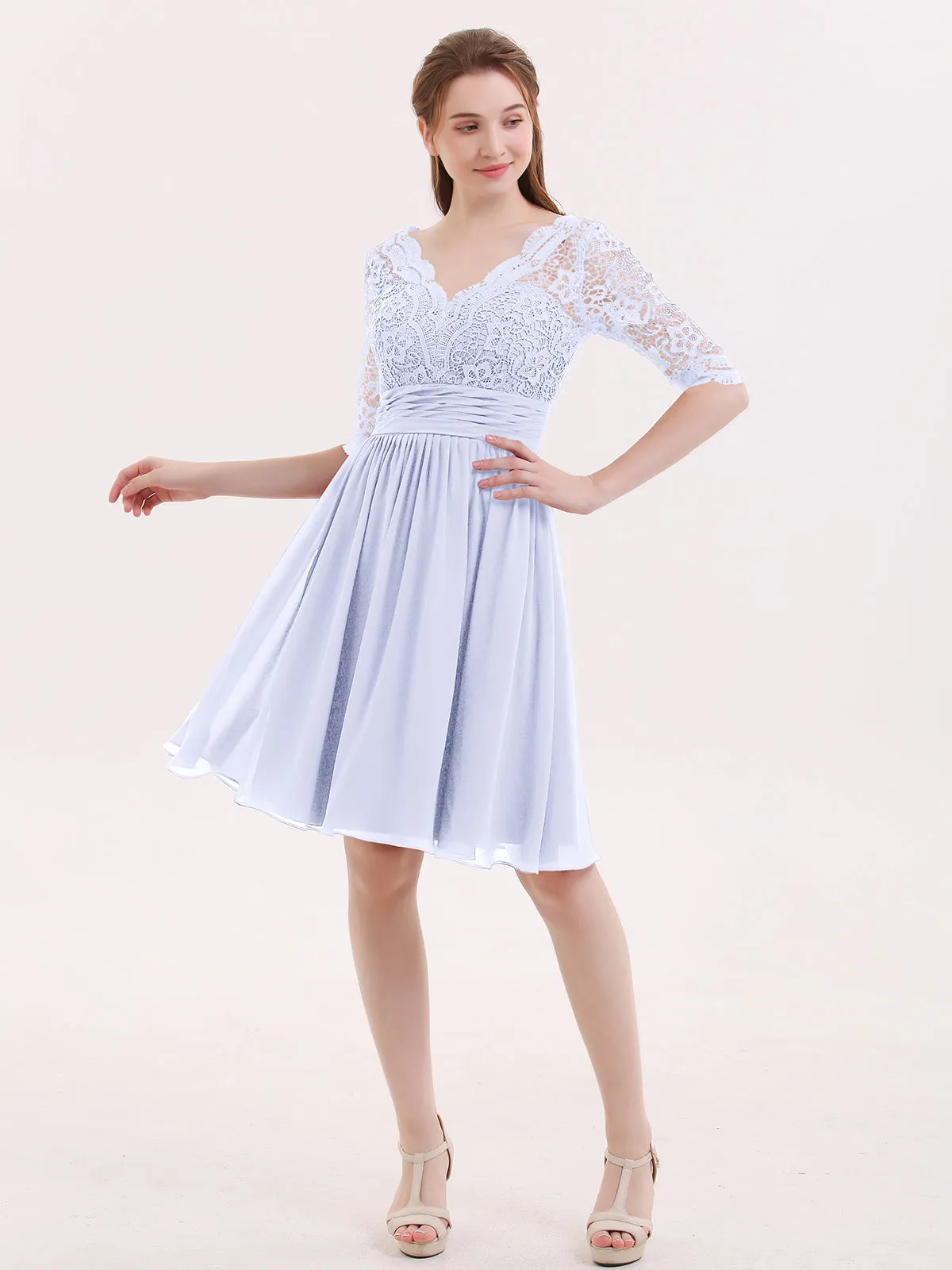 Lace and Chiffon Short Dress with Half Sleeves Lavender