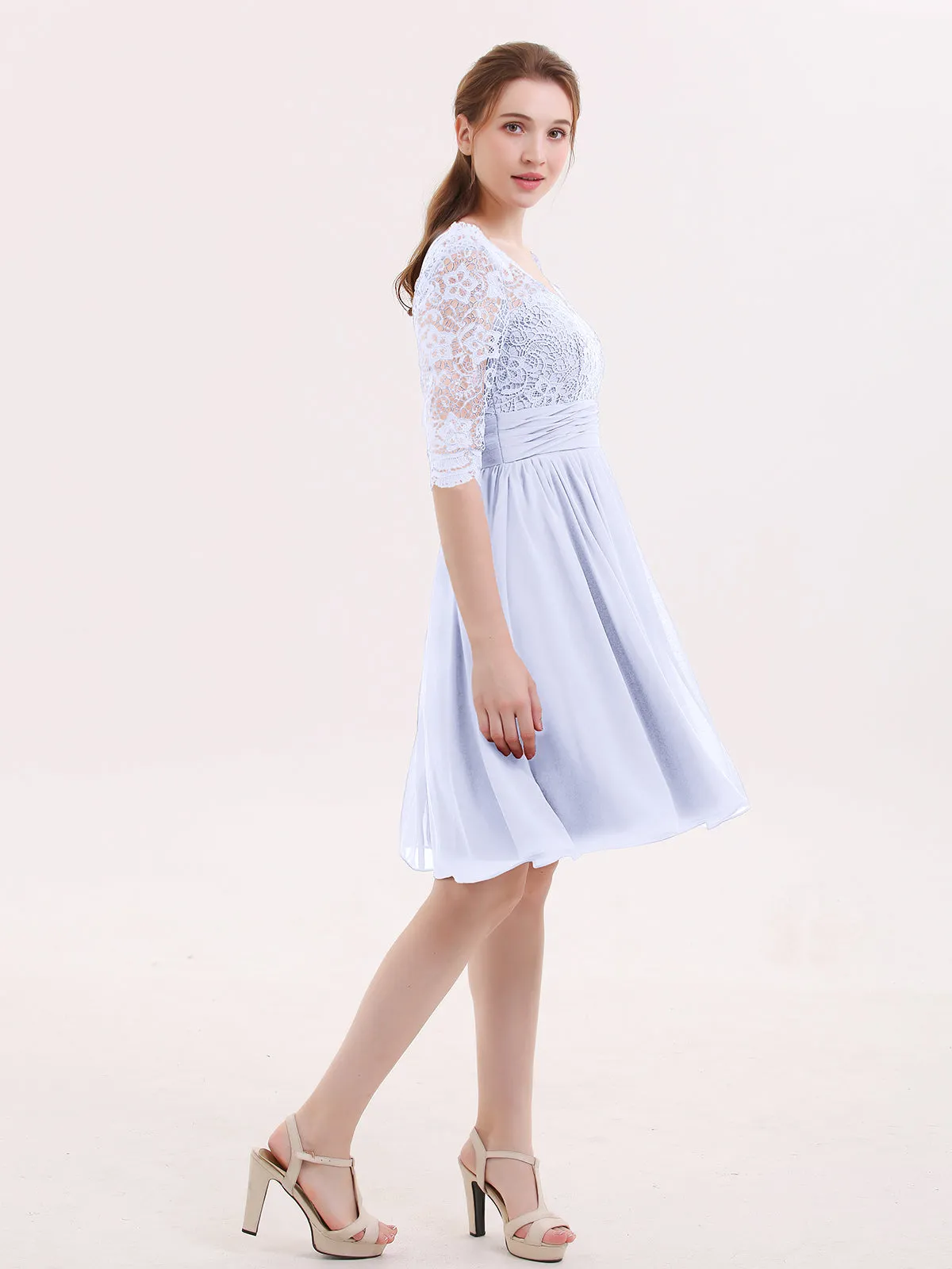 Lace and Chiffon Short Dress with Half Sleeves Lavender
