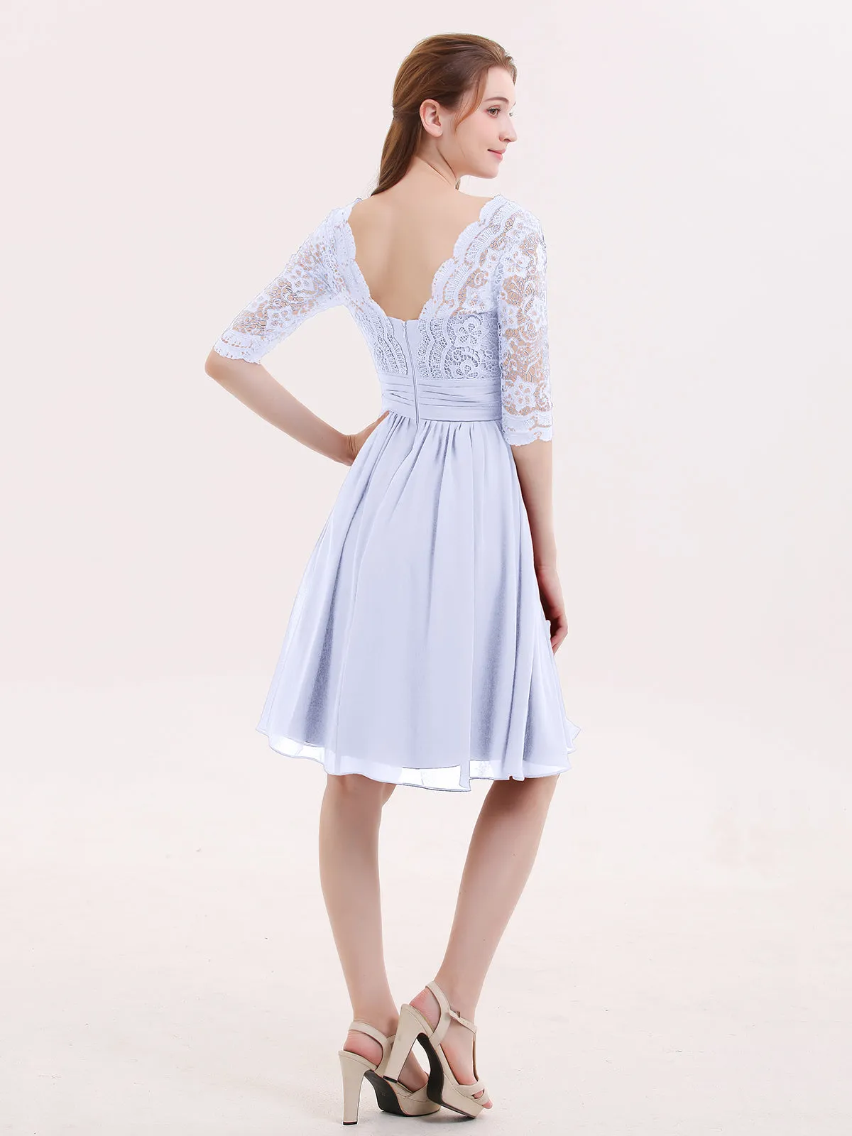 Lace and Chiffon Short Dress with Half Sleeves Lavender