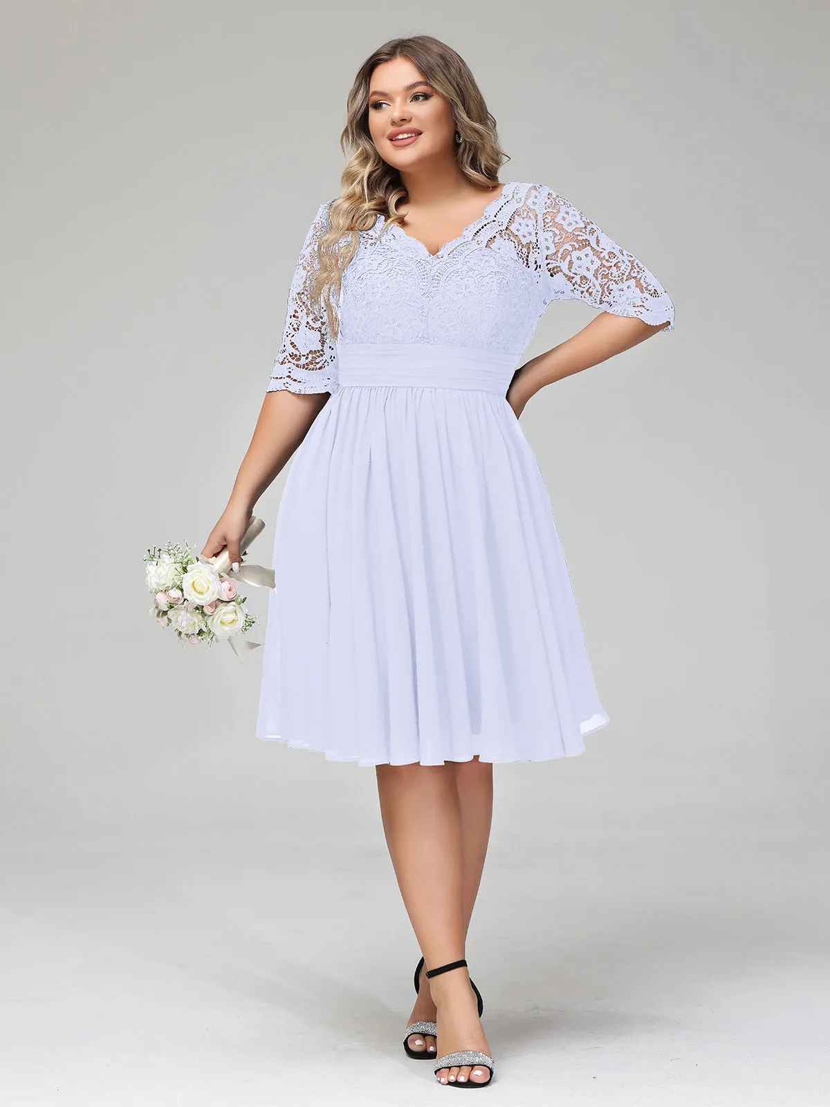 Lace and Chiffon Short Dress with Half Sleeves Lavender