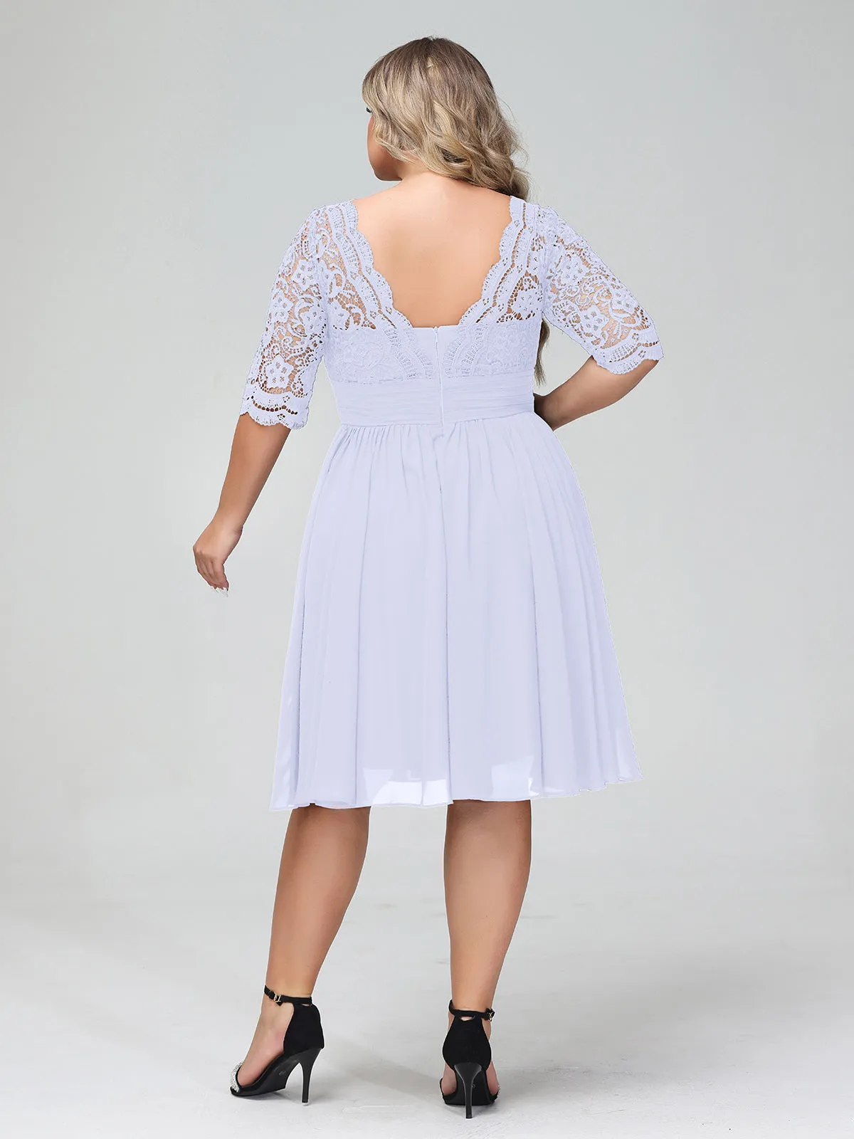 Lace and Chiffon Short Dress with Half Sleeves Lavender