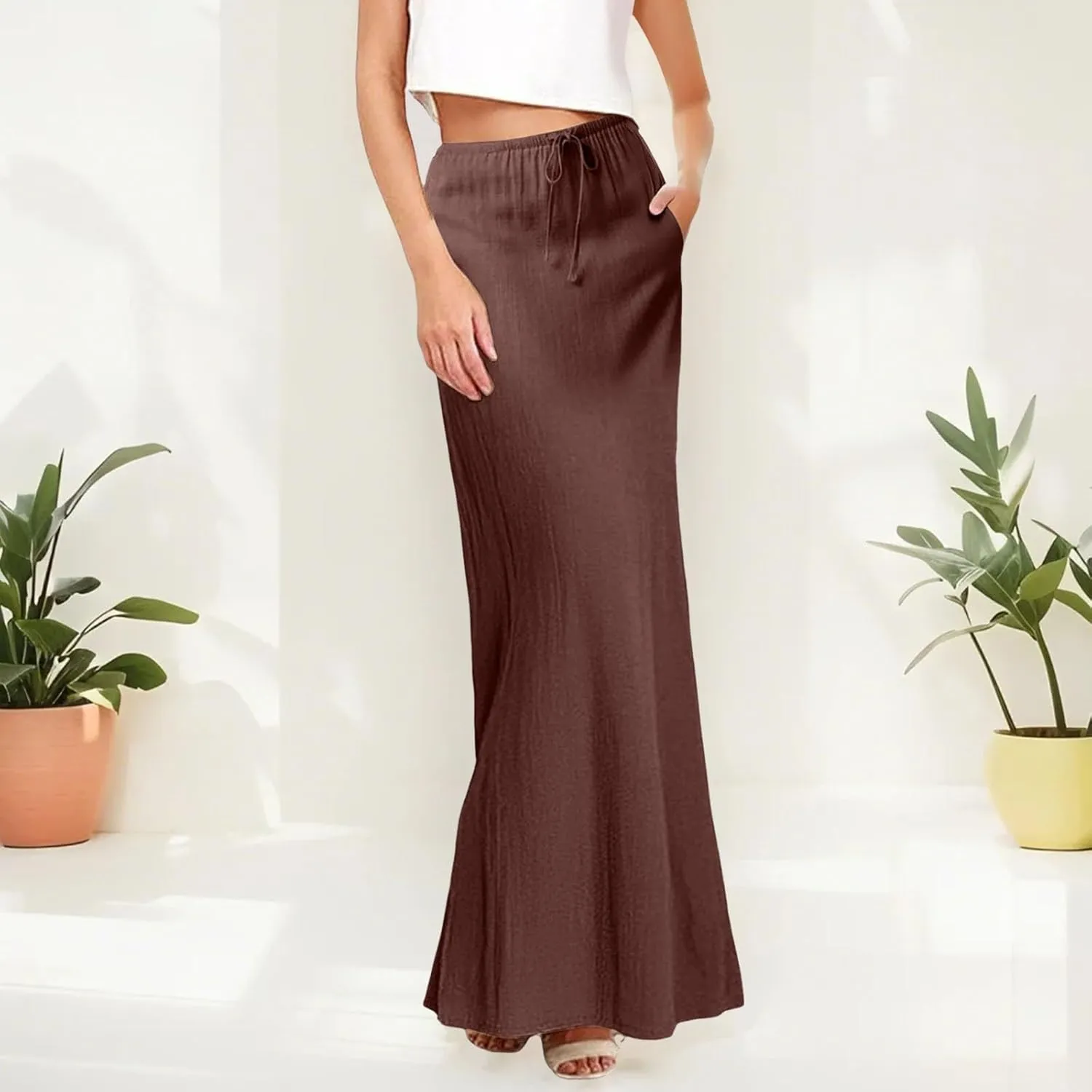 Long Skirts for Women Cotton Linen Boho Maxi Skirt Spring Summer Trendy Vacation Casual Flowy Drawstring Skirts