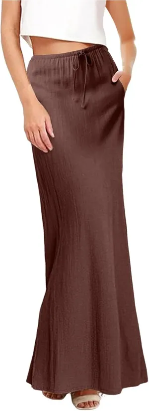 Long Skirts for Women Cotton Linen Boho Maxi Skirt Spring Summer Trendy Vacation Casual Flowy Drawstring Skirts